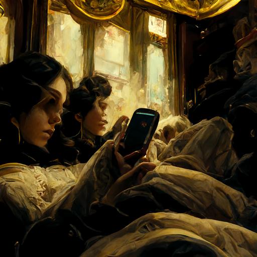 two women lying on a bed inside an old victorian style bedroom :: close-up of mobile phone, 3:2 --s 1000