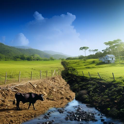 Curate an image capturing the broader impacts of climate change on St. Vincent and the Grenadines farming ecosystem. Split the image into two halves: Left Side - Livestock: Illustrate a pastoral scene with animals like cows, goats, and chickens. While some animals graze healthily, others should appear listless or seeking shade, indicating the challenges they face due to changing weather patterns. Right Side - Fisheries: Depict a coastal scene with fishermen pulling up nets from the sea. The catch should be visibly reduced, showing fewer fish, symbolizing the decreasing fish stocks due to environmental shifts. The two halves, while distinct, should seamlessly blend at the center, representing the interconnectedness of the challenges. The overarching tone should be one of concern, emphasizing the holistic impacts of climate change on the SVG agricultural ecosystem.