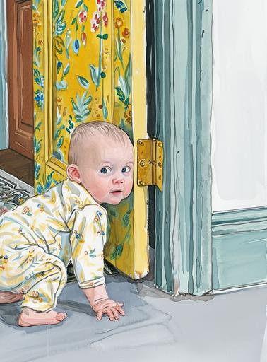 Curious Little baby, crawlling and peekig around the victorian toilet door corner ((by Maira Kalman)) , fine details ,fine art, Detailed hyperrealistic pulp illustration --ar 310:420 --v 6.0 --s 50