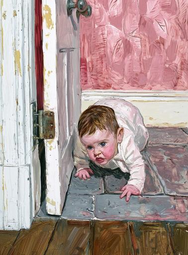 Curious Little baby, crawlling and peekig around the victorian toilet door corner ((by Maira Kalman)) , fine details ,fine art, Detailed hyperrealistic pulp illustration --ar 310:420 --v 6.0 --s 50