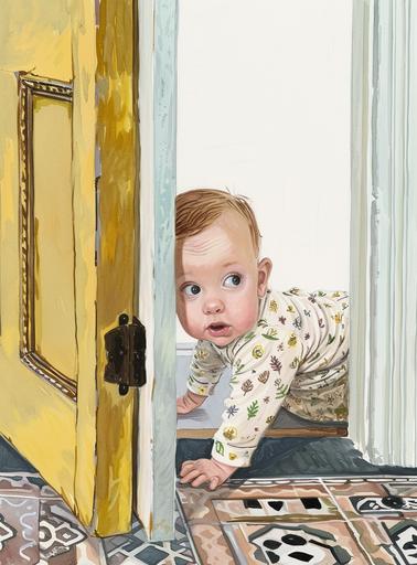 Curious Little baby, crawlling and peekig around the victorian toilet door corner ((by Maira Kalman)) , fine details ,fine art, Detailed hyperrealistic pulp illustration --ar 310:420 --v 6.0 --s 50