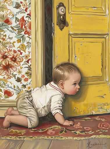 Curious Little baby, crawlling and peekig around the victorian toilet door corner ((by Maira Kalman)) , fine details ,fine art, Detailed hyperrealistic pulp illustration --ar 310:420 --v 6.0 --s 50