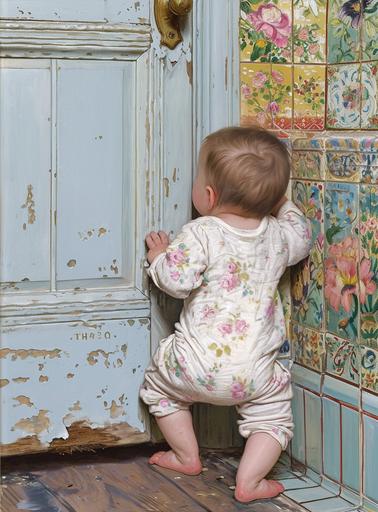 Curious Little baby, crawlling and peekig around the victorian toilet door corner ((by Maira Kalman)) , fine details ,fine art, Detailed hyperrealistic pulp illustration --ar 310:420 --v 6.0 --s 150