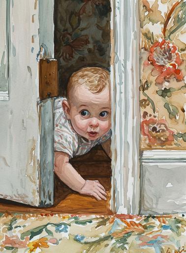 Curious Little baby, crawlling and peekig around the victorian toilet door corner ((by Maira Kalman)) , fine details ,fine art, Detailed hyperrealistic pulp illustration --ar 310:420 --v 6.0 --s 150