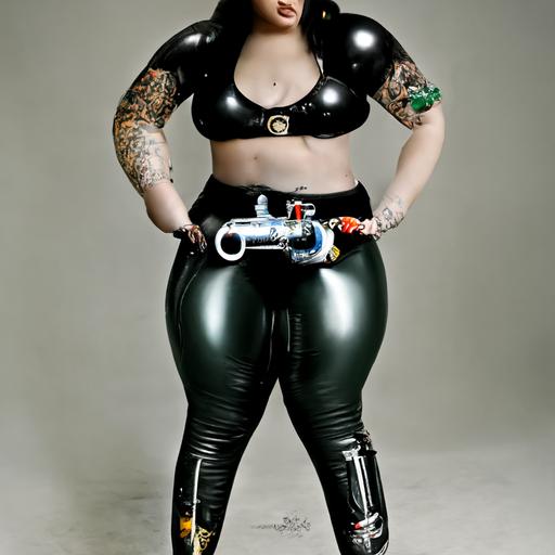 Curvy Female model in black latex pants with chrome jewelry, supersoaker water pistol, tattoos, straps, buckles, binoculars