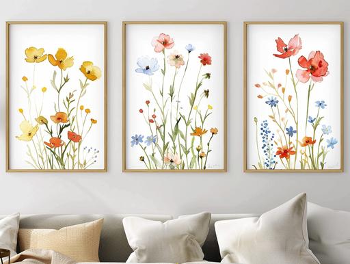 Custom Wildflowers Prints| Floral nursery Wall Art, Boho, Baby girl Nursery Wall Art| Watercolor flowers| Personalised name sign Initial --ar 4:3