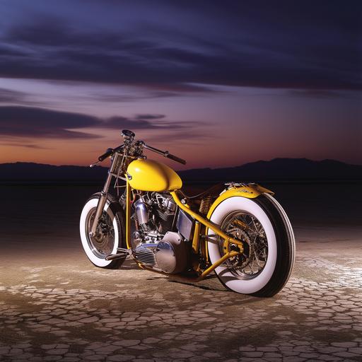 Custom hotrod low profile, yellow white 1955 motorcycle, dry lakebed, dusk, studio light, Hasselblad, --s 10 --v 6.0