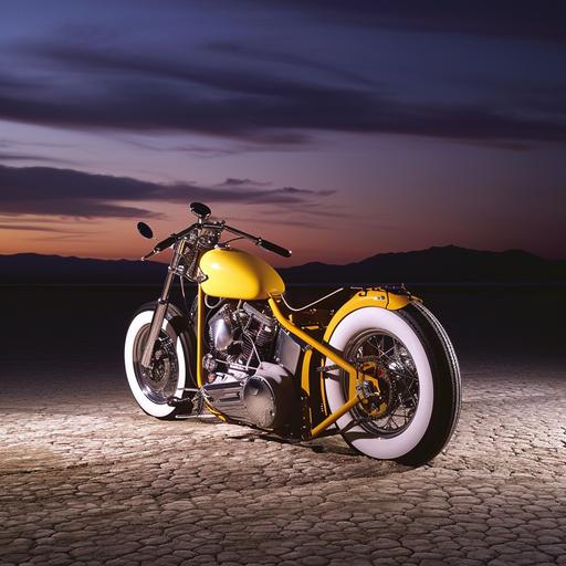 Custom hotrod low profile, yellow white 1955 motorcycle, dry lakebed, dusk, studio light, Hasselblad, --s 10 --v 6.0