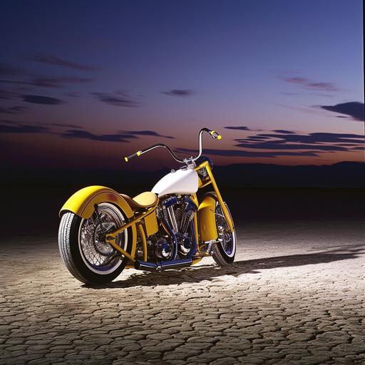 Custom hotrod low profile, yellow white 1955 motorcycle, dry lakebed, dusk, studio light, Hasselblad, --s 10 --v 6.0