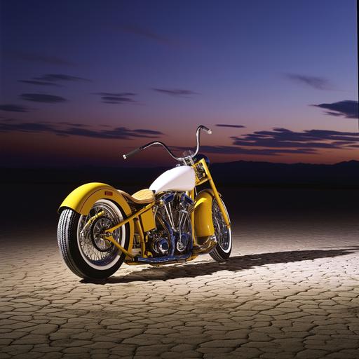Custom hotrod low profile, yellow white 1955 motorcycle, dry lakebed, dusk, studio light, Hasselblad, --s 10 --v 6.0