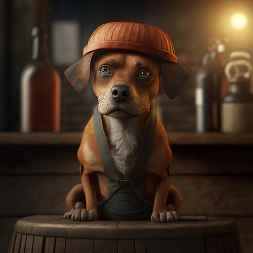 Cute Anthromorphic Dog made of Terracotta Tiles, Wearing a terracotta dog bowl as a hat, terracotta tile trousers, sitting on a stool at a bar, painted by Tom Bagshaw and Eve Ventrue and Jeremy Lipking, ultra hd, hdr, 8k, cinematic, dramatic lighting, studio Portrait Lighting, illuminated face, 85mm, volumetric lighting, ray tracing reflections