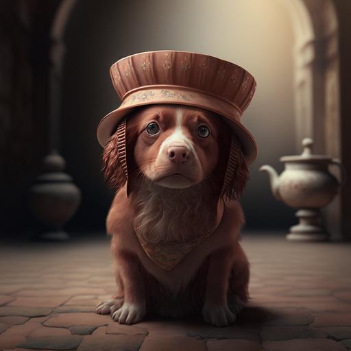 Cute Anthromorphic Dog made of Terracotta Tiles, Wearing a terracotta dog bowl as a hat, terracotta tile pants painted by Tom Bagshaw and Eve Ventrue and Jeremy Lipking, ultra hd, hdr, 8k, cinematic, dramatic lighting, studio Portrait Lighting, illuminated face, 85mm, volumetric lighting, ray tracing reflections
