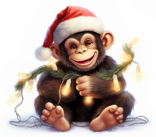 Cute Beautiful Santa Chimpanzee Tangled Up In Christmas Tree Lights Holiday Sublimation Clipart, Cartoon, colorful, Illustration clipart, 4K, extremely detailed, clipart, single object, png, transparent, watercolor styles, white background for removing background - - no text shadow font watermark --ar 2790:2460 --v 5.2