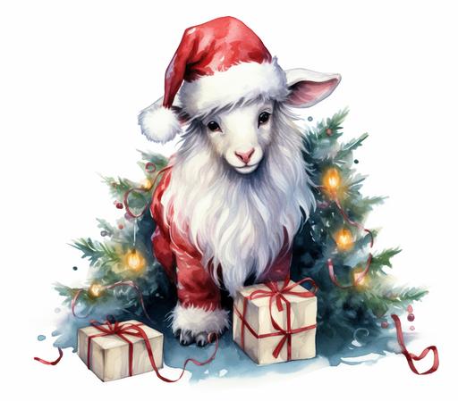 Cute Beautiful Santa Goat Tangled Up In Christmas Tree Lights Holiday Sublimation Clipart, Cartoon, colorful, Illustration clipart, 4K, extremely detailed, clipart, single object, png, transparent, watercolor styles, white background for removing background - - no text shadow font watermark --ar 2790:2460 --v 5.2