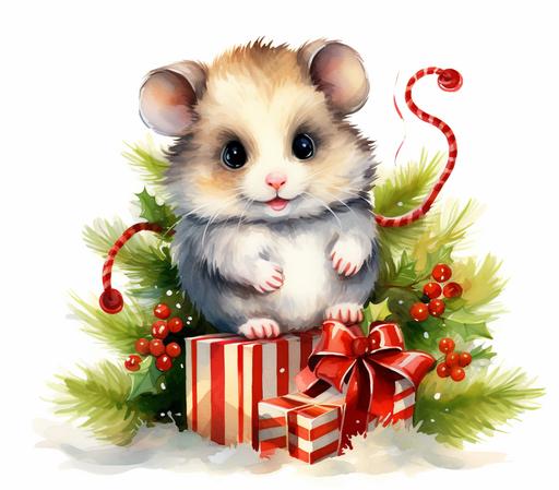 Cute Beautiful Santa Hamster Tangled Up In Christmas Tree Lights Holiday Sublimation Clipart, Cartoon, colorful, Illustration clipart, 4K, extremely detailed, clipart, single object, png, transparent, watercolor styles, white background for removing background - - no text shadow font watermark --ar 2790:2460 --v 5.2