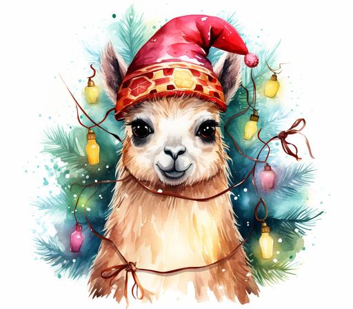 Cute Beautiful Santa Llama Tangled Up In Christmas Tree Lights Holiday Sublimation Clipart, Cartoon, colorful, Illustration clipart, 4K, extremely detailed, clipart, single object, png, transparent, watercolor styles, white background for removing background - - no text shadow font watermark --ar 2790:2460 --v 5.2
