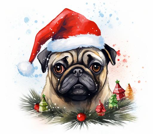 Cute Beautiful Santa Pug Tangled Up In Christmas Tree Lights Holiday Sublimation Clipart, Cartoon, colorful, Illustration clipart, 4K, extremely detailed, clipart, single object, png, transparent, watercolor styles, white background for removing background - - no text shadow font watermark --ar 2790:2460 --v 5.2