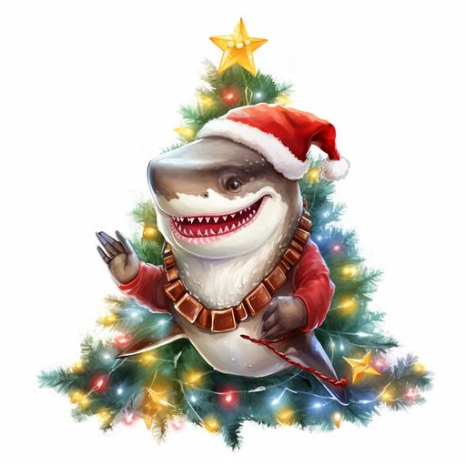Cute Beautiful Santa Shark Tangled Up In Christmas Tree Lights Holiday Sublimation Clipart, Cartoon, colorful, Illustration clipart, 4K, extremely detailed, clipart, single object, png, transparent, watercolor styles, white background for removing background - - no text shadow font watermark - .-ar 2790:2460 --v 5.2