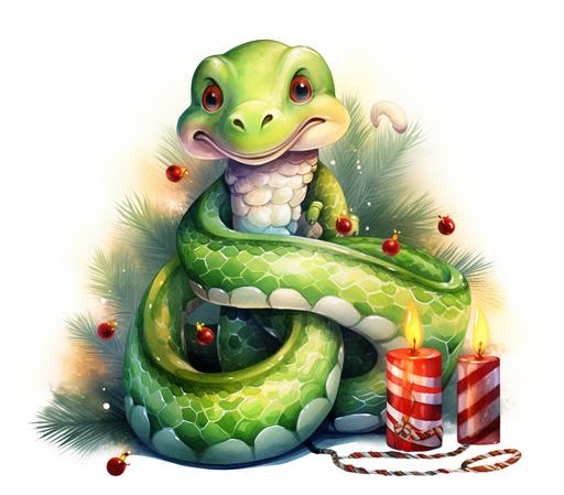 Cute Beautiful Santa Snake Tangled Up In Christmas Tree Lights Holiday Sublimation Clipart, Cartoon, colorful, Illustration clipart, 4K, extremely detailed, clipart, single object, png, transparent, watercolor styles, white background for removing background - - no text shadow font watermark --ar 2790:2460 --v 5.2
