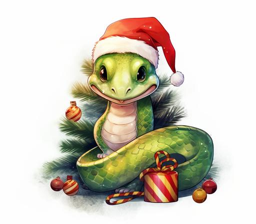 Cute Beautiful Santa Snake Tangled Up In Christmas Tree Lights Holiday Sublimation Clipart, Cartoon, colorful, Illustration clipart, 4K, extremely detailed, clipart, single object, png, transparent, watercolor styles, white background for removing background - - no text shadow font watermark --ar 2790:2460 --v 5.2