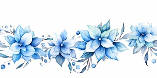 Cute Christmas garland, watercolor, isolated white background, high detail, unique, intricate detail, white background, blue poinsettia --ar 2:1 --tile --upbeta
