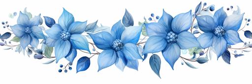 Cute Christmas garland, watercolor, isolated white background, high detail, unique, intricate detail, white background, blue poinsettia --ar 3:1 --upbeta