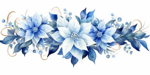 Cute Christmas garland, watercolor, isolated white background, high detail, unique, intricate detail, white background, blue poinsettia --ar 2:1 --upbeta