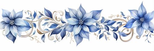 Cute Christmas garland, watercolor, isolated white background, high detail, unique, intricate detail, white background, blue poinsettia --ar 3:1 --upbeta