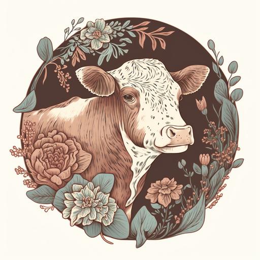 Cute Cottagecore Floral cow Aesthetic illustration graphic design, flowers, inside a badge, no background, hot colors:: etching::1 --v 4