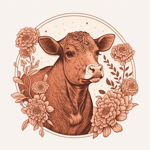 Cute Cottagecore Floral cow Aesthetic illustration graphic design, flowers, inside a badge, no background, hot colors:: etching::1 --v 4