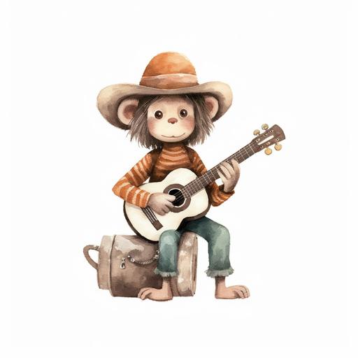 Cute Cowgirl Monkey with a Toy Guitar, isolated on a white background, in the style of storybook and nursery artwork by Raymand Briggs and Jon Klassen, muted colors --s 750 --v 5.1