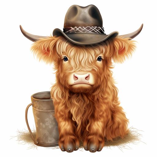 Cute Highland Longhaired Cow Clipart Cow in Metal Tub Cowgirl boots & Hat Illustration Clipart highqulity