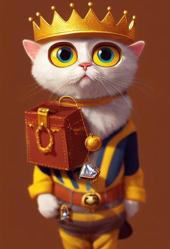 Cute Pixar Suspicious cat, character portrait, Big grin, carrying copious amount of treasure and jewels in satchel falling out on ground, jewels and treasure, golden crown, diamonds, sappires, rubies, high quality offical art by Pixar, golden ratio, cinematic lighting, 8K --ar 2:3  --upbeta --s 5000       --test --upbeta