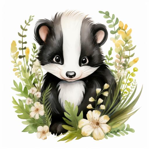 Cute Skunk Watercolor Clipart Skunk Flowers Forest Animals Skunk Design Illustration Print Cute Baby Skunk Sublimation