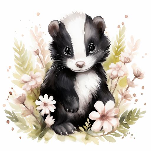 Cute Skunk Watercolor Clipart Skunk Flowers Forest Animals Skunk Design Illustration Print Cute Baby Skunk Sublimation