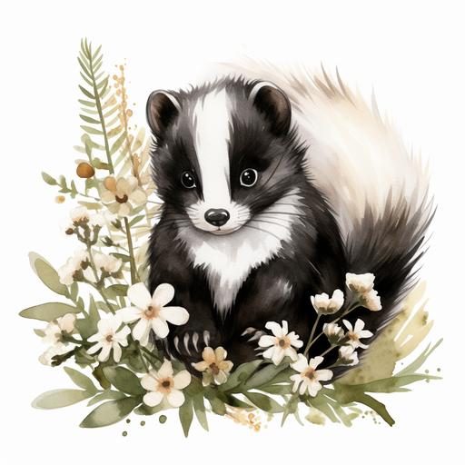 Cute Skunk Watercolor Clipart Skunk Flowers Forest Animals Skunk Design Illustration Print Cute Baby Skunk Sublimation