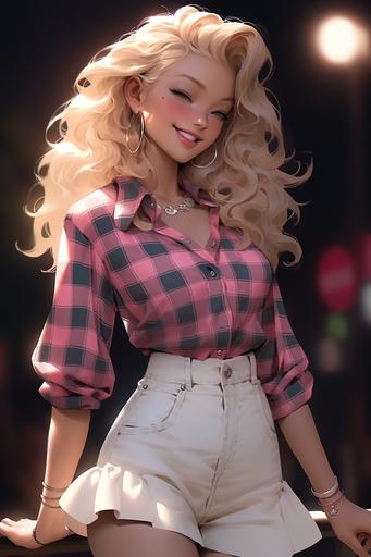 Cute Softgirl with light blonde curly hair, wearing a pink plaid skirt, denim jacket with cute pop badges on, a crop top shirt with plunging neckline, snatched waist, realistic rendering of human forms, cute pose, in the style of eve ventrue, at night, photography, meticulous detailing, cartooncore, mangacore, glistening skin, natural lighting --ar 2:3 --niji 5 --style expressive --s 300