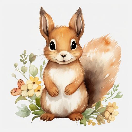 Cute Squirrel Watercolor Clipart Squirrel Flowers PNG Forest Animals Squirrel Design Illustration Print Cute Squirrel Baby