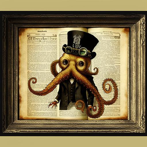 Cute Steampunk Captain Nemo reading book steampunk Octopus Captain Nemo Vintage Dictionary Art Halloween Book Page Art Print
