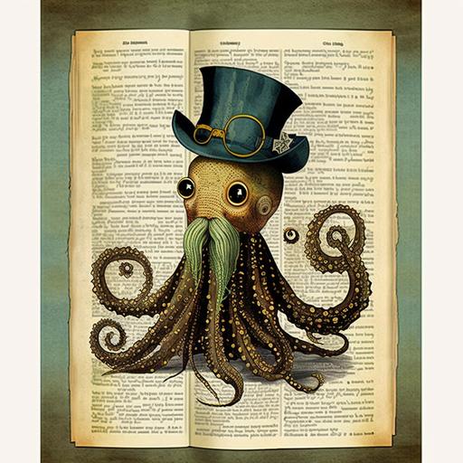 Cute Steampunk Captain Nemo reading book steampunk Octopus Captain Nemo Vintage Dictionary Art Halloween Book Page Art Print