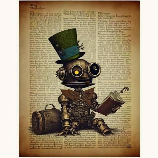 Cute Steampunk robot badman reading book steampunk badman Vintage Dictionary Art Halloween Book Page Art Print