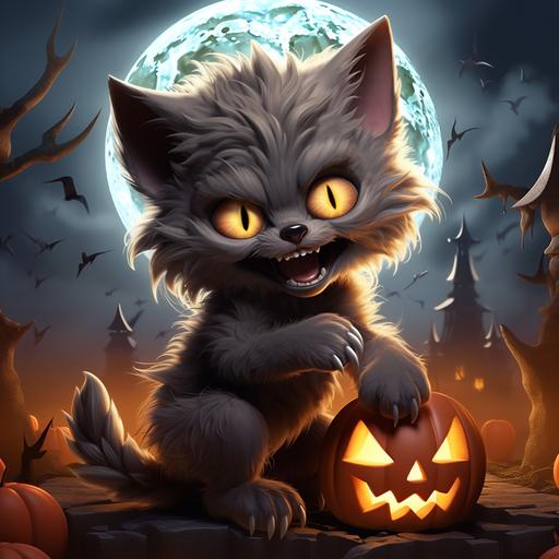 Cute Werewolf Kitten Halloween Clipart realistic, high quality, with werewolf howl, with werewolf fangs and teeth, Full moon, in graveyard background