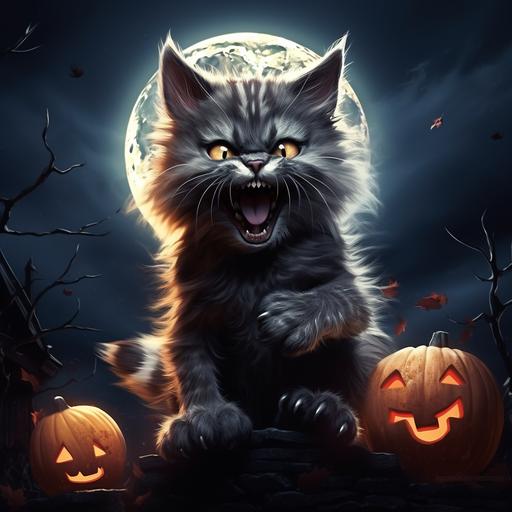 Cute Werewolf Kitten Halloween Clipart realistic, high quality, with werewolf howl, with werewolf fangs and teeth, Full moon, in graveyard background