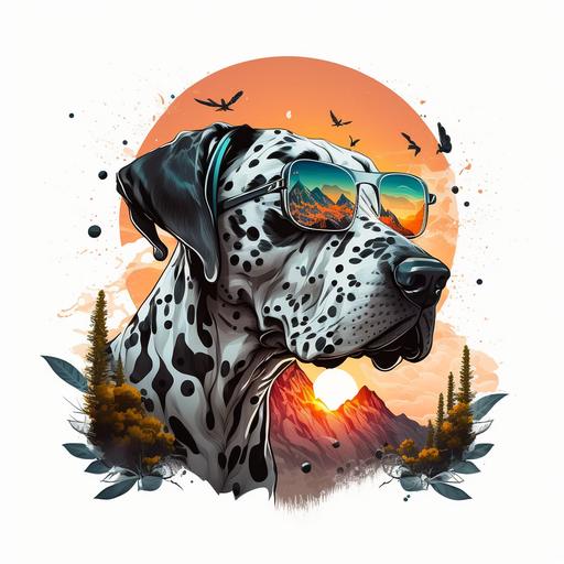 Cute and adorable cartoon great dane gray with black spots and sunglasses, fantasy, dreamlike, surrealism, living in the mountain summer