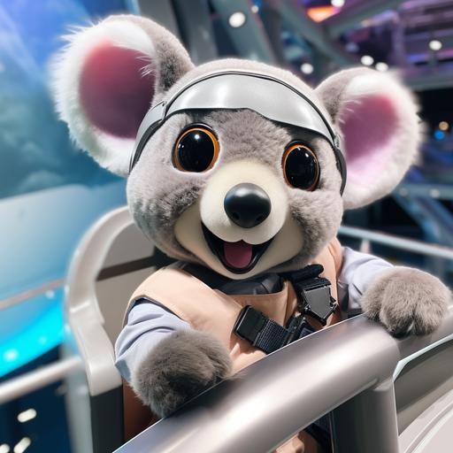 Cute animated koala girl riding rides at Disney World Space Mountain --style raw