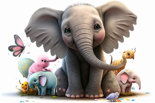 Cute baby elephant, surrounded by a fluffy buny, birds, butterflies, giraffe, dog, cat, all together and happy, cartoon style, colorful, 3D, dreamy, hd, --ar 3:2