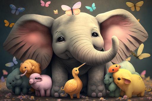 Cute baby elephant, surrounded by a fluffy buny, birds, butterflies, giraffe, dog, cat, all together and happy, cartoon style, colorful, 3D, dreamy, hd, --ar 3:2
