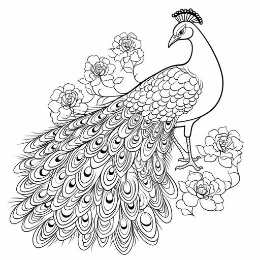 Cute beautiful peacock, cartoon style for coloring book, smile, simple line coloring, black and white sketching, no background, No filling color.