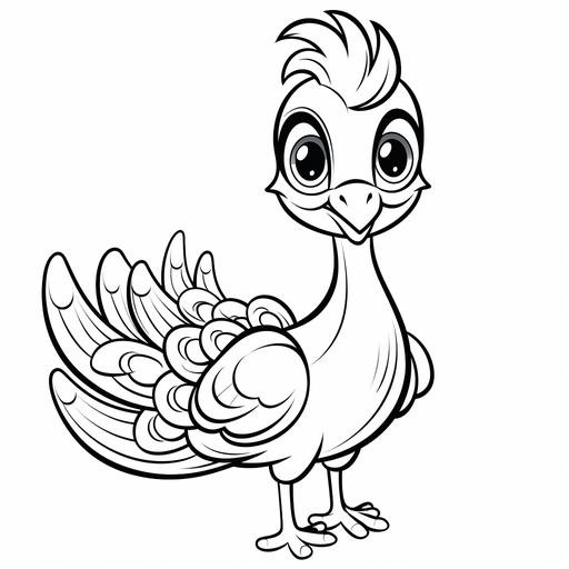 Cute beautiful peacock, cartoon style for coloring book, smile, simple line coloring, black and white sketching, no background, No filling color.