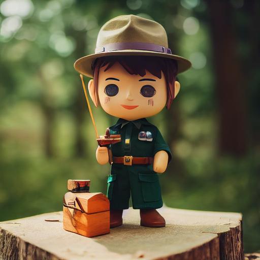 Cute boy in a park Ranger outfit, Ranger hat, binoculars, mage, made of wooden toy, bobblehead, kawaii, sorcerer apprentice room, action figure background  --testp --upbeta --upbeta